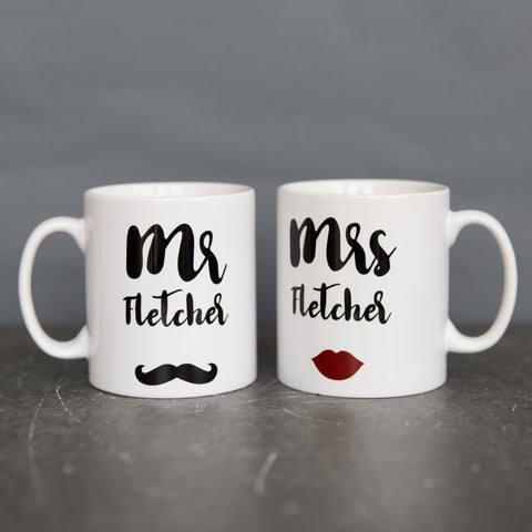 Personalised Wedding Gift – Mr & Mrs, Mr & Mr, Mrs & Mrs Mug with Moustache & Red Lips Design