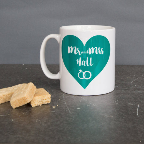Personalised Wedding Gift – Mr & Mrs, Mr & Mr, Mrs & Mrs Mug with Heart and Ring Design