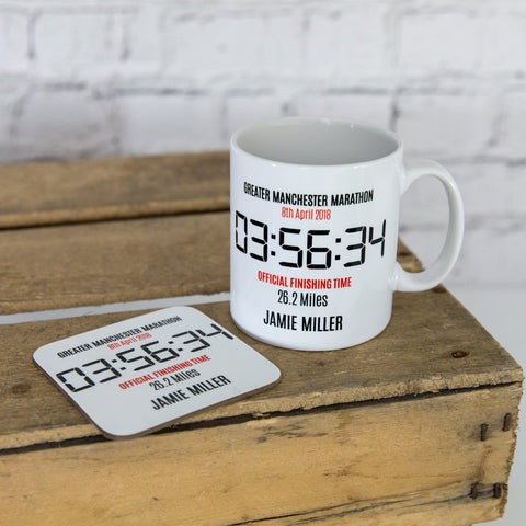 Any Race Personalised Finishers Gift Mug and Coaster Set - Marathon, Half Marathon, 10k ... Time and Event
