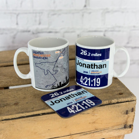 Manchester Marathon Finishers Gift Set - Mug & Coaster Set - Personalised Race Number