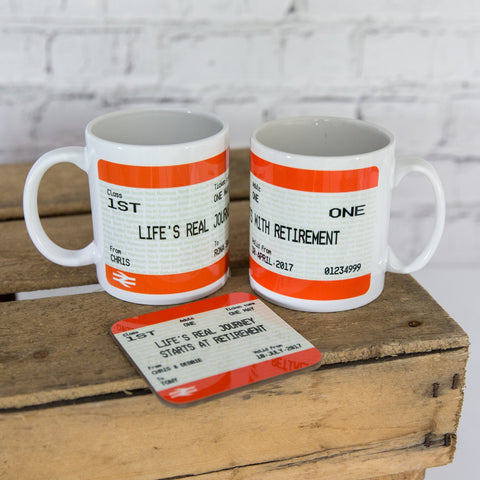 Personalised Retirement Mug - Train Ticket Style Print Gift