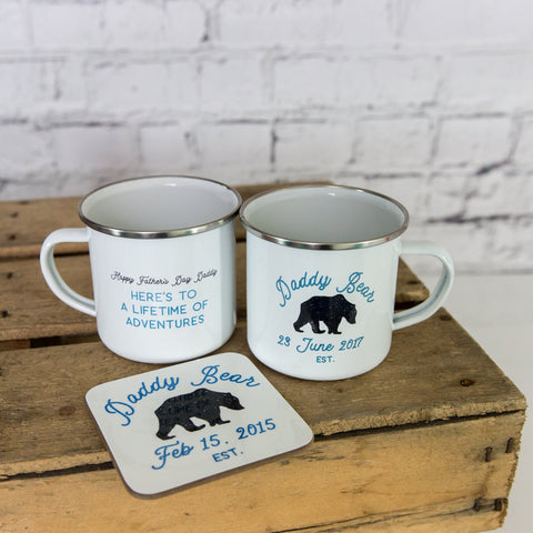 Daddy Bear Enamel Mug OR Coaster OR set FULLY PERSONALISED Father's Day Papa Dad