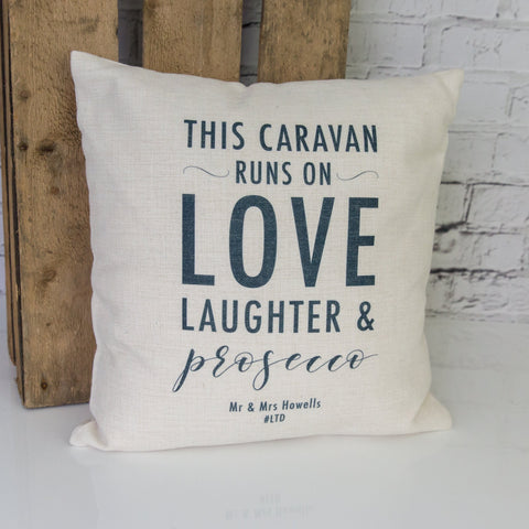 New home gift cushion – Personalised for your passions – Love, Laughter & Prosecco or your choice