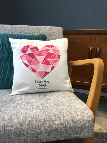 Stylish Geometric Heart Themed Any Words or Names Printed Cushion - Anniversary, Valentine's, Birthday or Wedding Gift