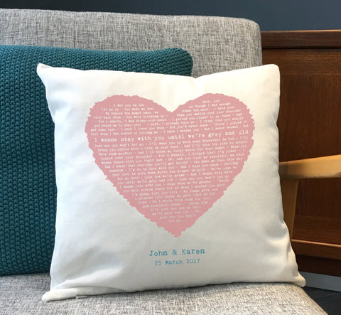 Favourite Song Words 2nd Anniversary First Dance Gift - Heart Cushion - Cotton Anniversary, Valentine's, Birthday or Wedding Gift
