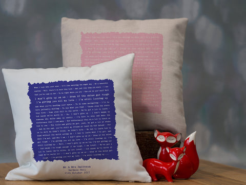 Song Words or Wedding Vows or Speech Typography Printed Cushion with Ragged Square Design - Anniversary, Valentine's, Birthday or Wedding Gift