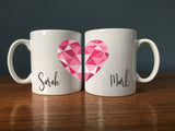 Valentine's Personalised Mug Set - Geometric Heart Pair - Instagram ready! Gift for Boyfriend, Girlfriend, Husband or Wife