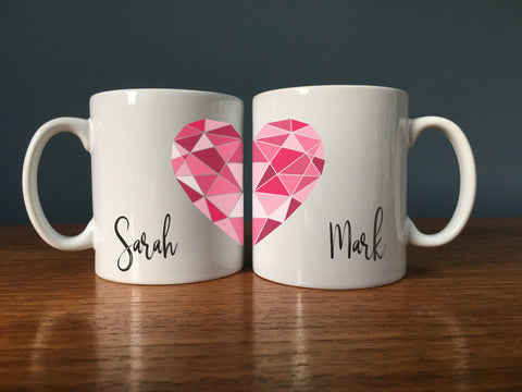 Valentine's Personalised Mug Set - Geometric Heart Pair - Instagram ready! Gift for Boyfriend, Girlfriend, Husband or Wife