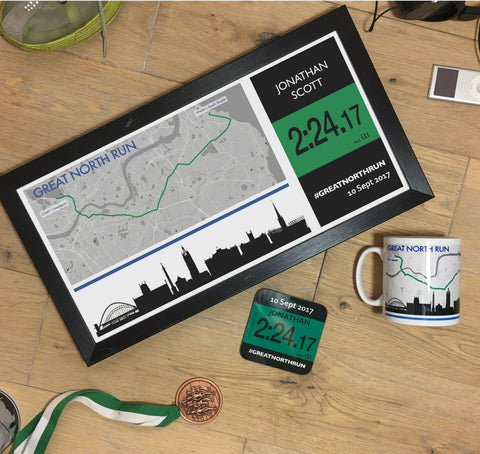 Great North Run Results 2017 - Finishers Gifts - Bundle Options - Mug, Coaster, Personalised Route Map Print