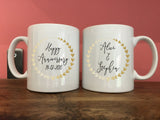 Romantic Personalised Mug Set For Anniversary, Wedding ( Golden, Silver, Bronze) or Valentine's - Hearts in Wreath